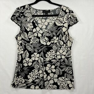 INC International Concepts Black & White Tropical Floral Top Size L